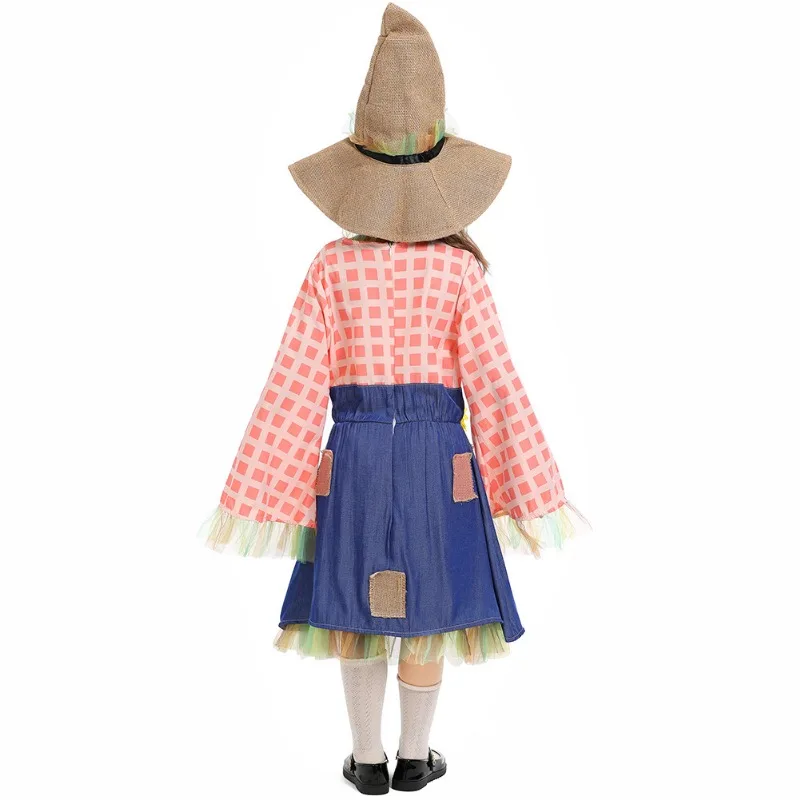 Plaid Patch Scarecrow Parent-child Dresses with Hat Halloween Kids Adult Scarecrow Cosplay Costume Festival Party Drama Dress Up