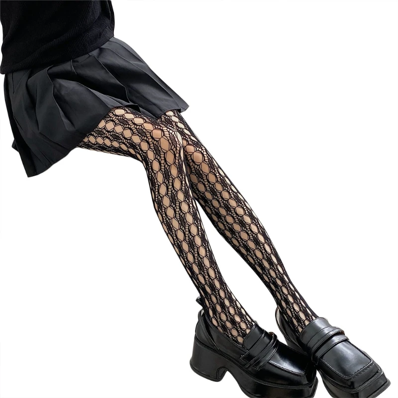 YUYU Women Gothic Punk Fishnet Lace Pantyhose Harajuku Hollow Out Hole Textured Patterned Sheer Tights Japanese Cosplay