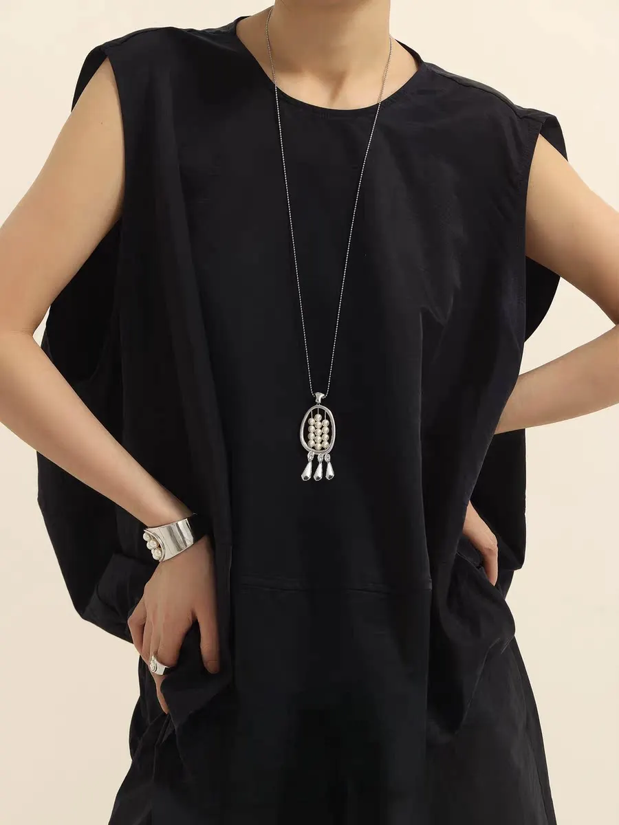Simulated Pearl Fashion Metallic Oval Tassel Long Necklace Pendants For Women Creative New Neck Jewelry
