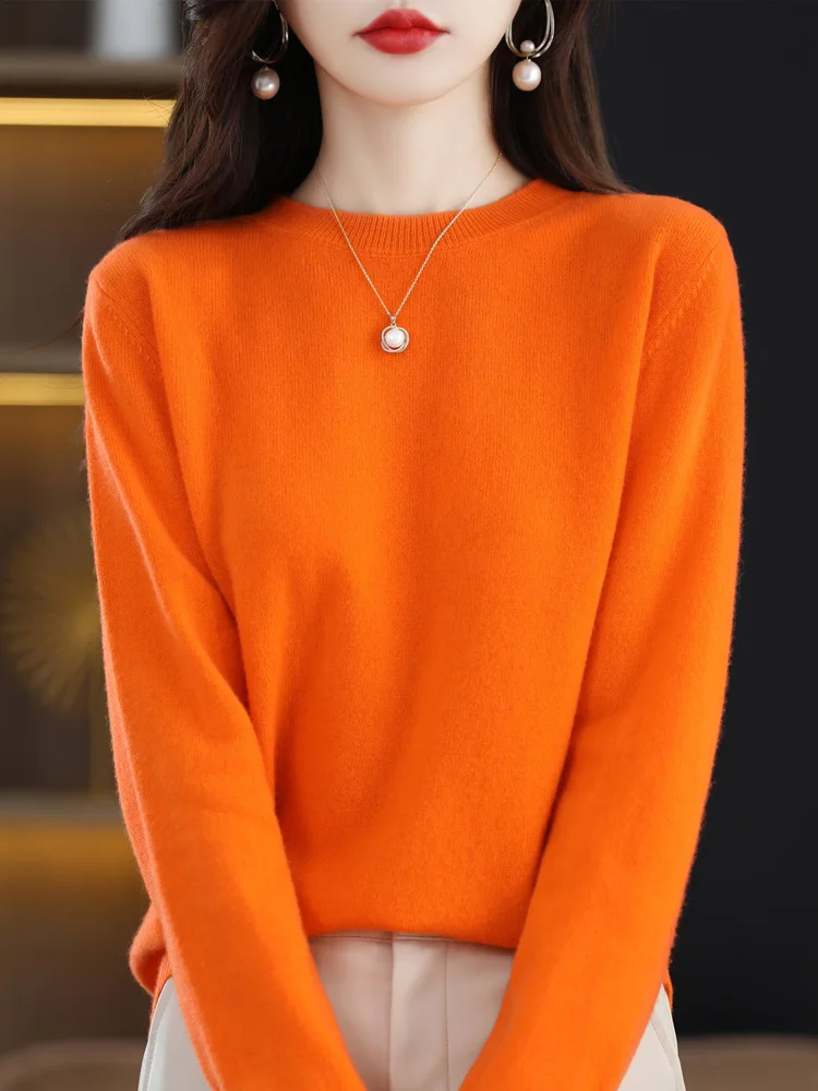 2024 New 100% Merino Wool Sweater For Women O-neck Long Sleeve Pullover Spring Autumn Basic Pure Color Knitwear Soft Comfort Top