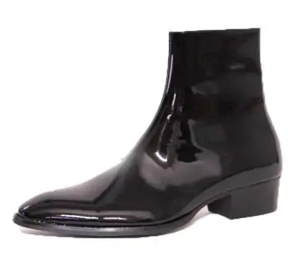 British Style Men Shiny Patent Leather Zipper Side Pointed Toe Short Chelsea Boots Male Med Heels Height Increasing Ankle Boots - Image 5