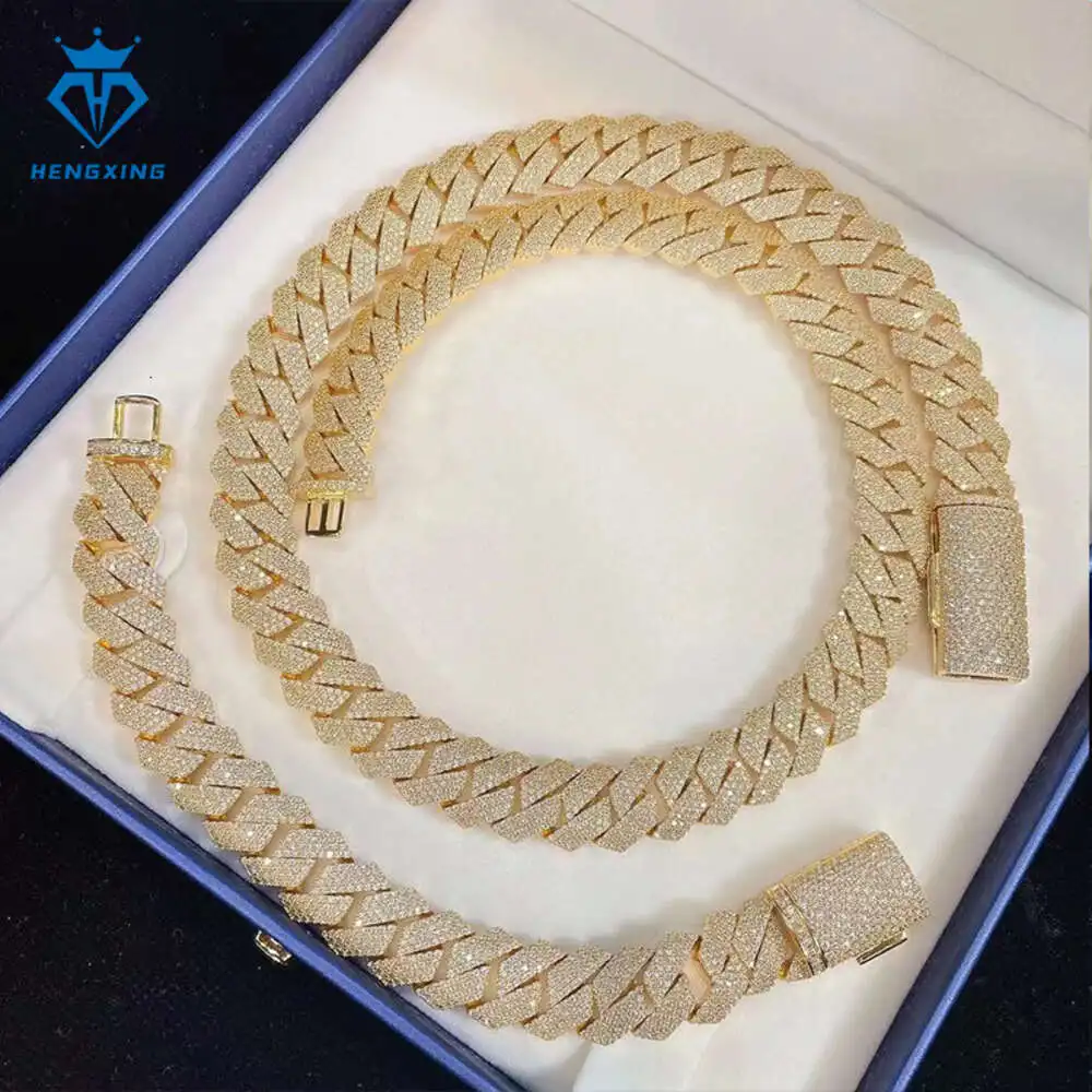 

Hip Hop Jewelry 18mm Iced Out Cuban Chain Necklace Gold Plated Moissanite Cuban Link Chain and Bracelet