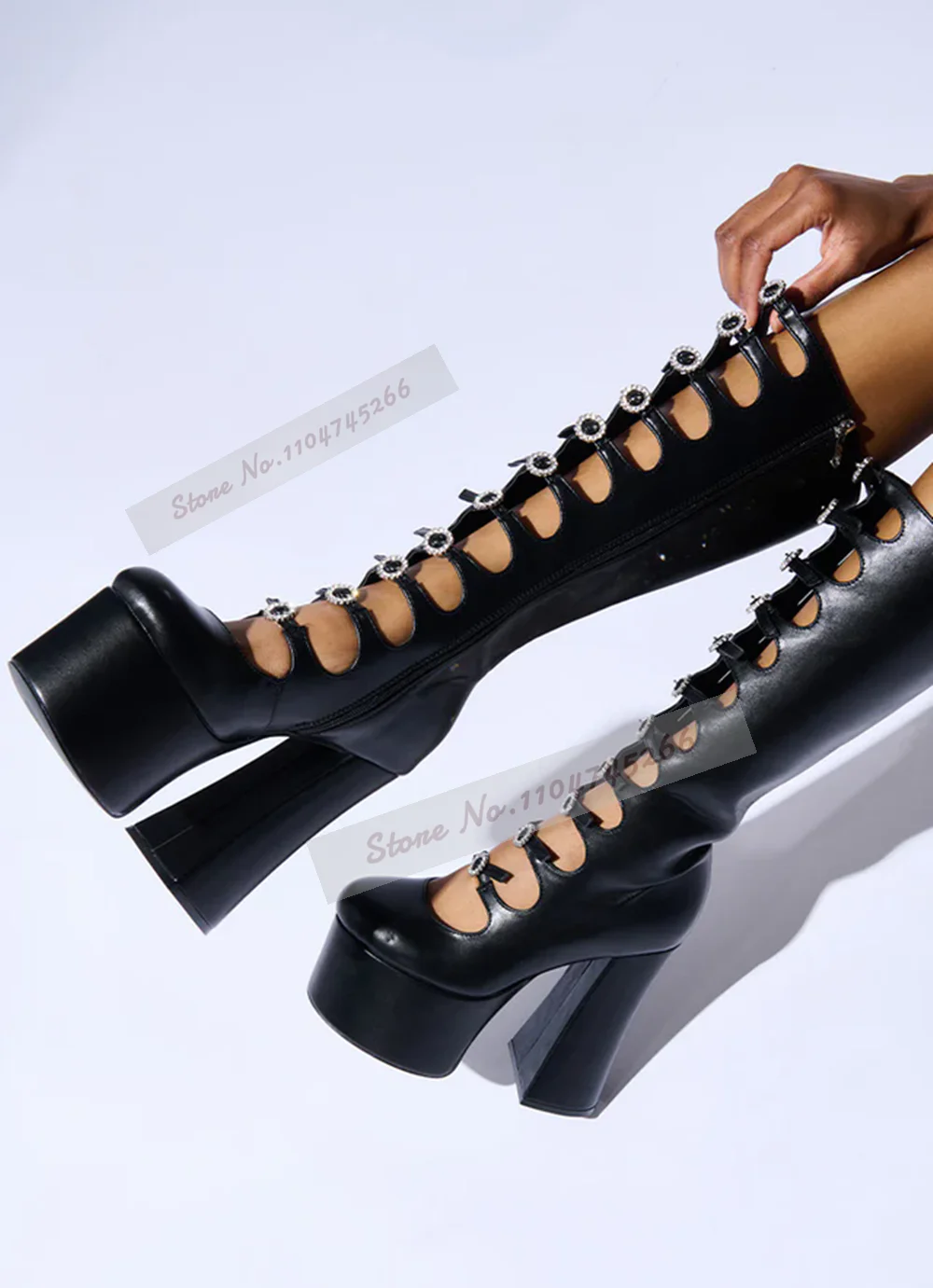 أسود ماتي صندل بكعب مكتنز منصة حذاء برقبة للركبة بلينغ بلينغ كريستال أبازيم الأشرطة صندل طويل الأحذية الجوف خارج قفص الأحذية