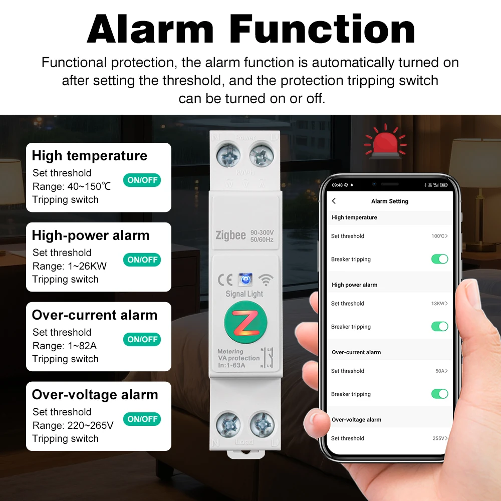 MANHOT WiFi/Zigbee Smart Circuit Breaker 1P+N 63A Din Rail Switch With Metering Smart Breaker Voice Control Work With Tuya Alexa