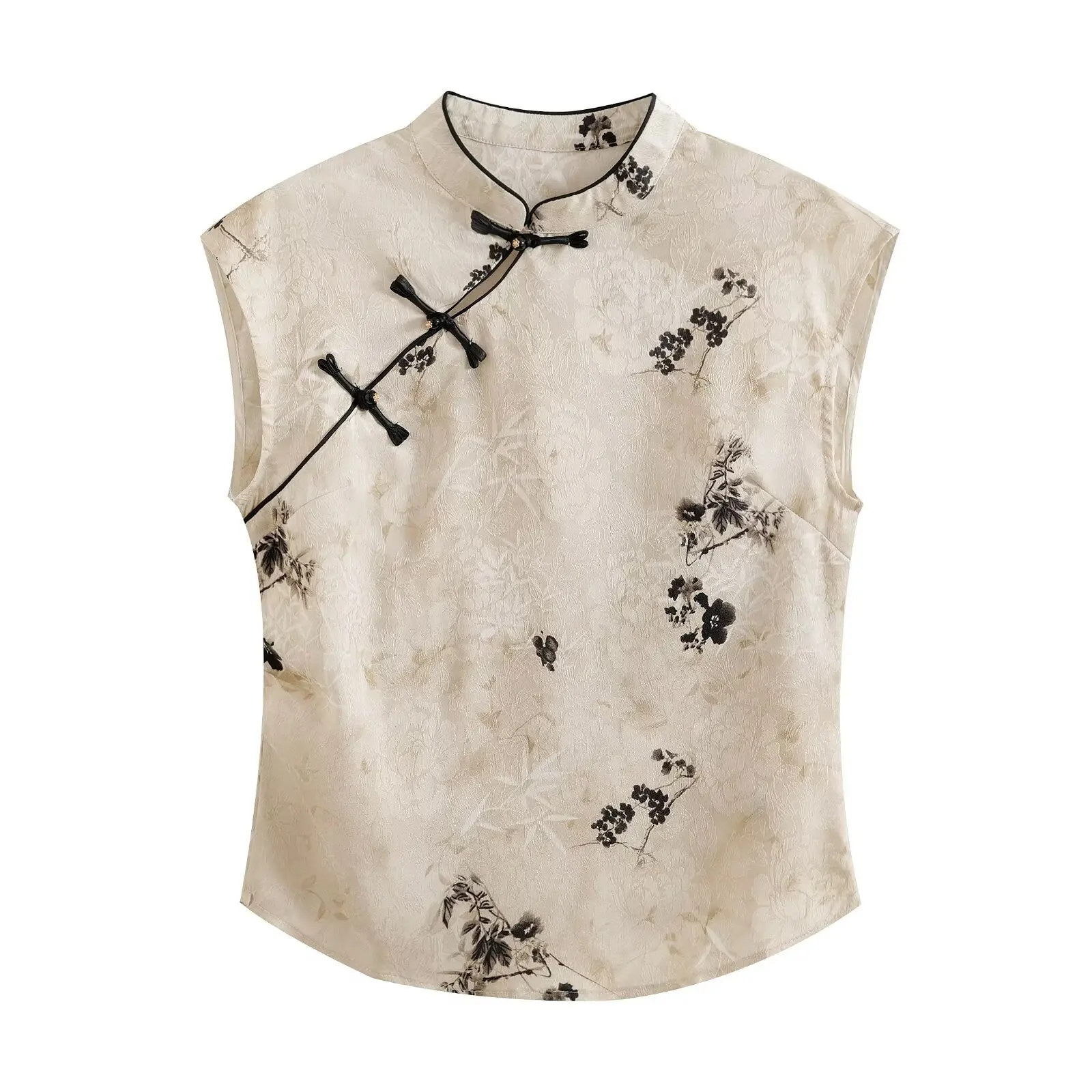 جديد النمط الصيني شيونغسام مزاجه الرجعية زي النمط الصيني فتحة مائلة زر مطبوعة مزاجه قميص