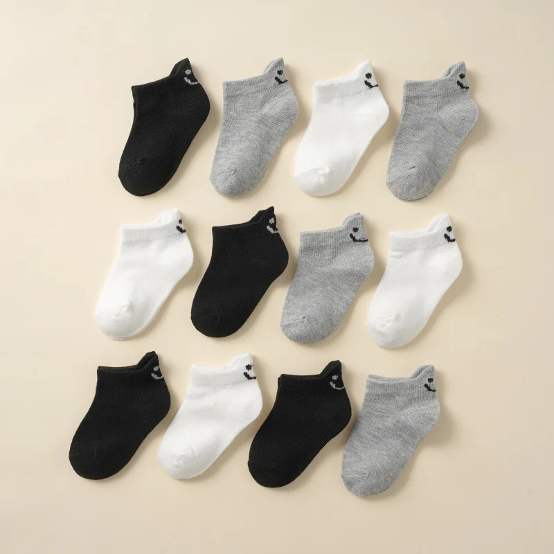 12 double summer children's socks smiling face simple thin breathable cotton socks 1-12 years old solid color boutique socks