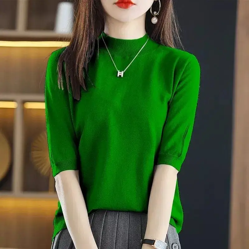 

Comfortable Women's Clothing Spring Summer Round Neck Half Sleeve Solid Color Pullover Sweater Knitted All-match Sweet Tops