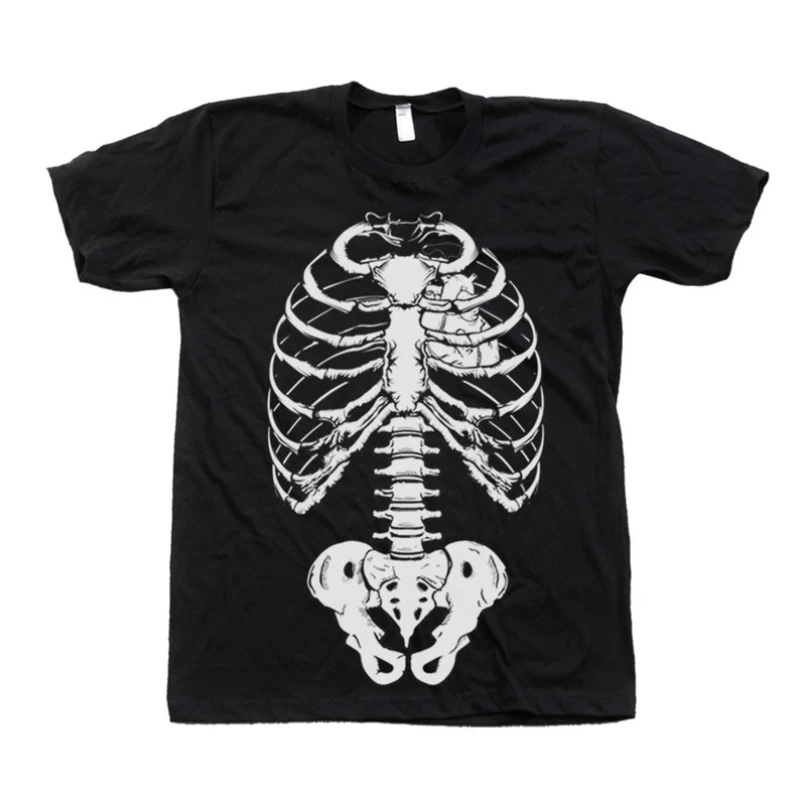 Human Ribcage Skeleton Graphic T Shirt Skull Bone Print Gothic Dark Style Halloween Casual Streetwear Cotton Short Sleeve Tops