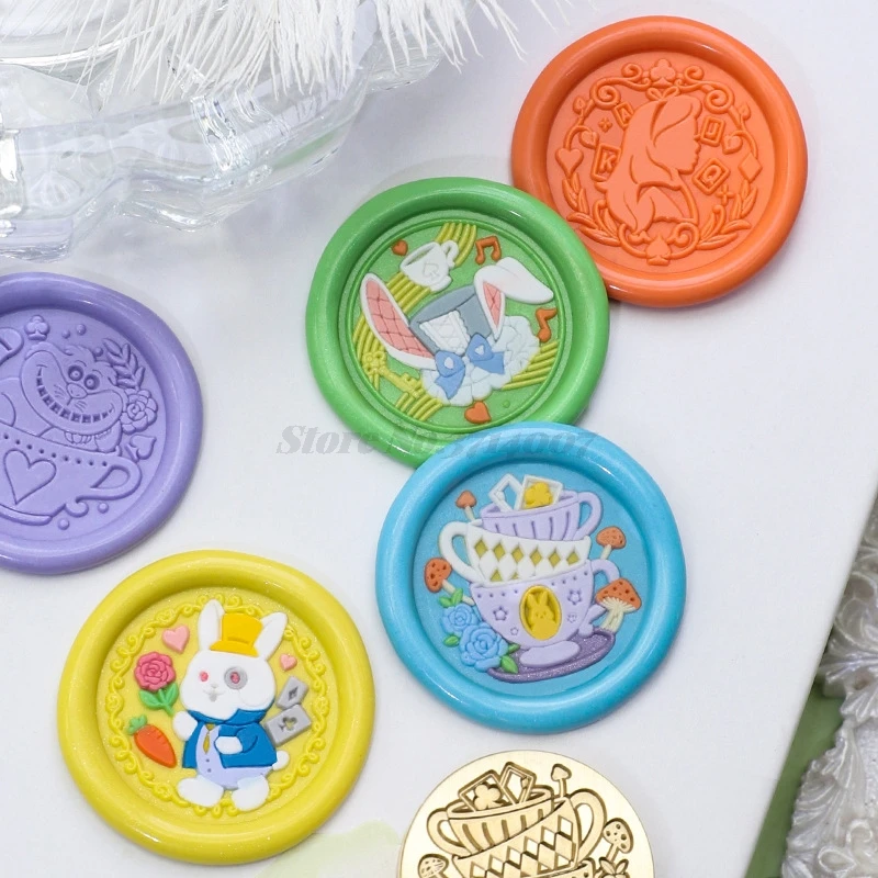 Alice Wonderland Brass Wax Seal Stamp Head Featuring Alice & White Rabbit Magic Book Teapot Poker Key Clock Pattern