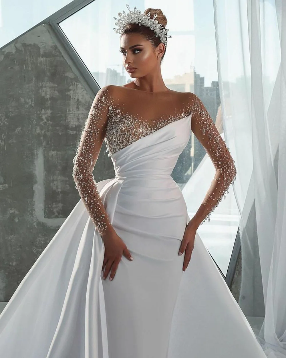 Sexy Illusion Neck Mermaid Wedding Dress Long Sleeves Shiny Beading Bridal Gowns With Overskirts Vintage Vestidos De Novia 2023