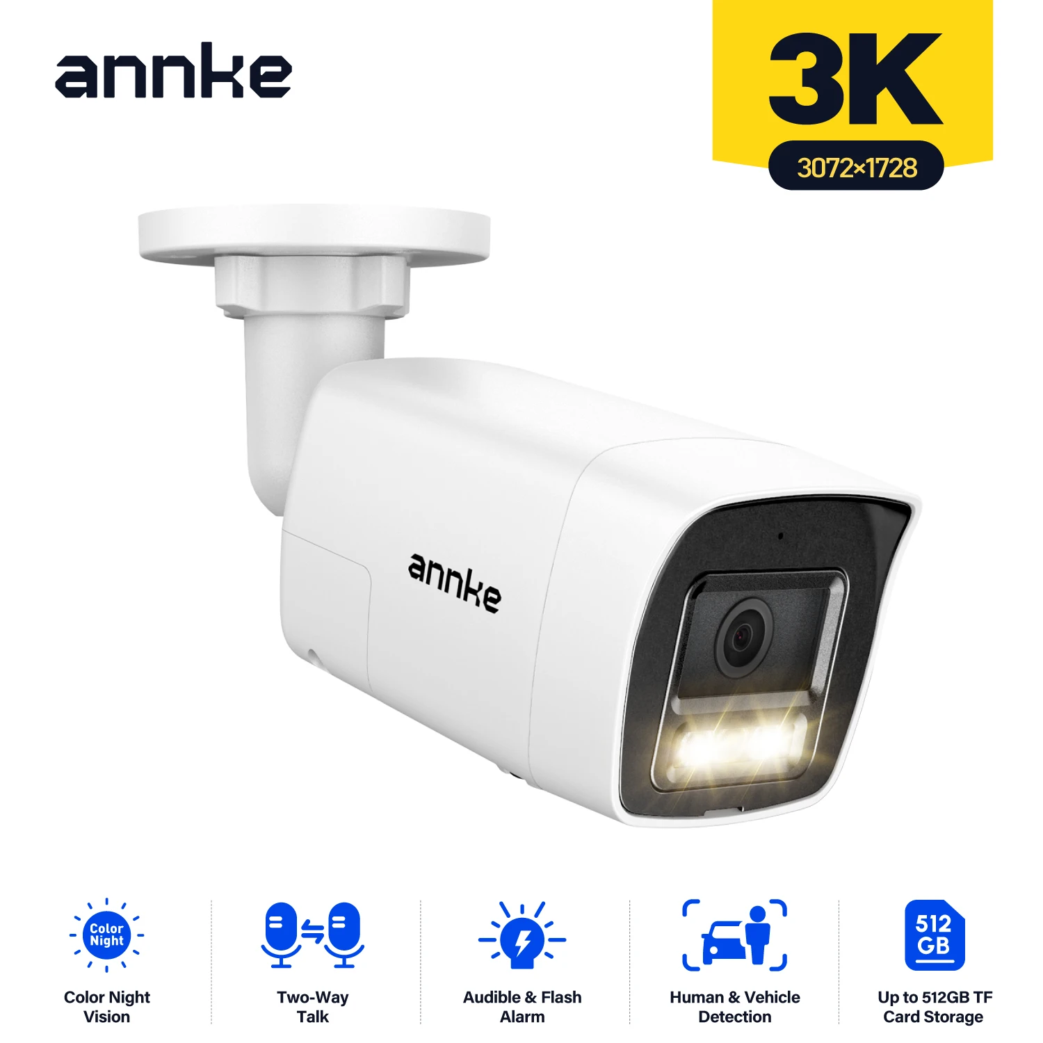 ANNKE 3K 5MP IP Camera Outdoor Color & IR Night Vision Wide Angle 2.8mm POE Camera Two-Way Audio H.265+ Home CCTV Surveillance Camera
