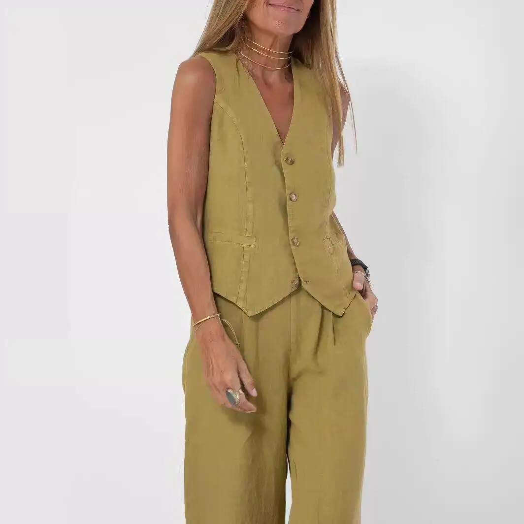 

Fashionable Patchwork Cotton Linen Vest Wide Leg Pants Casual Two Piece Set Spring 2025 Women's Commute Style Color