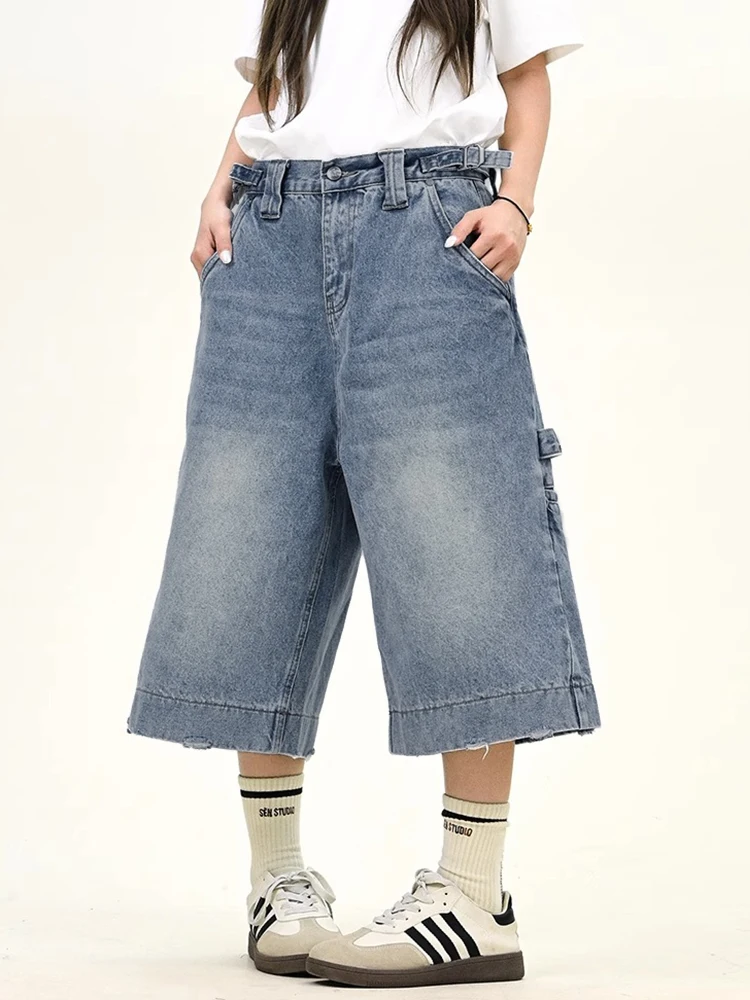 Plus Size Workwear Denim Orts Damen Herbst Small Stature Pear Ape Fat MM Schlankheitshose mit lockerem, weitem Bein und Siebenfuß
