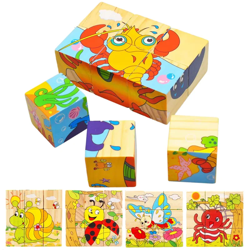

Wooden Puzzle Six Sides Painted Three-Dimensional Traffic Animal Puzzle Building Blocks Montessori Early Education Toys TMZ