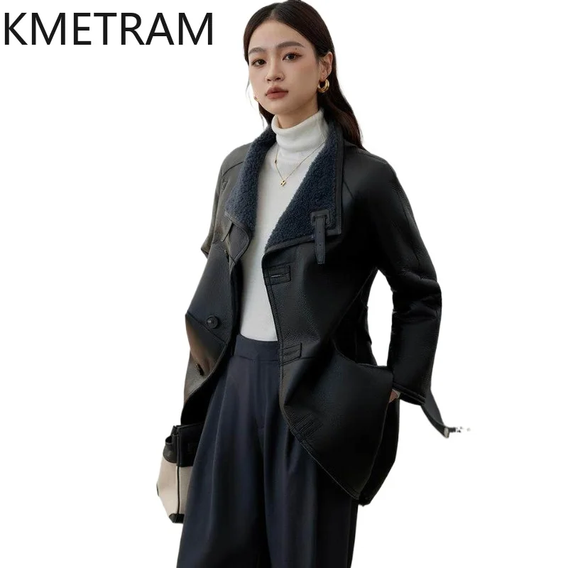 

KMETRAM Natural Lacon Sheepskin with Wool Attached Jacket Reversible Winter Coats 85cm Real Fur Coat Woman Clothing 2026 jaqueta