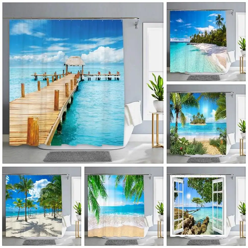 Seaside Beach Shower Curtain Palm Tree Bath Curtains White Window Hawaii Island Ocean Natural Scenery Fabric Bathroom Decor Sets