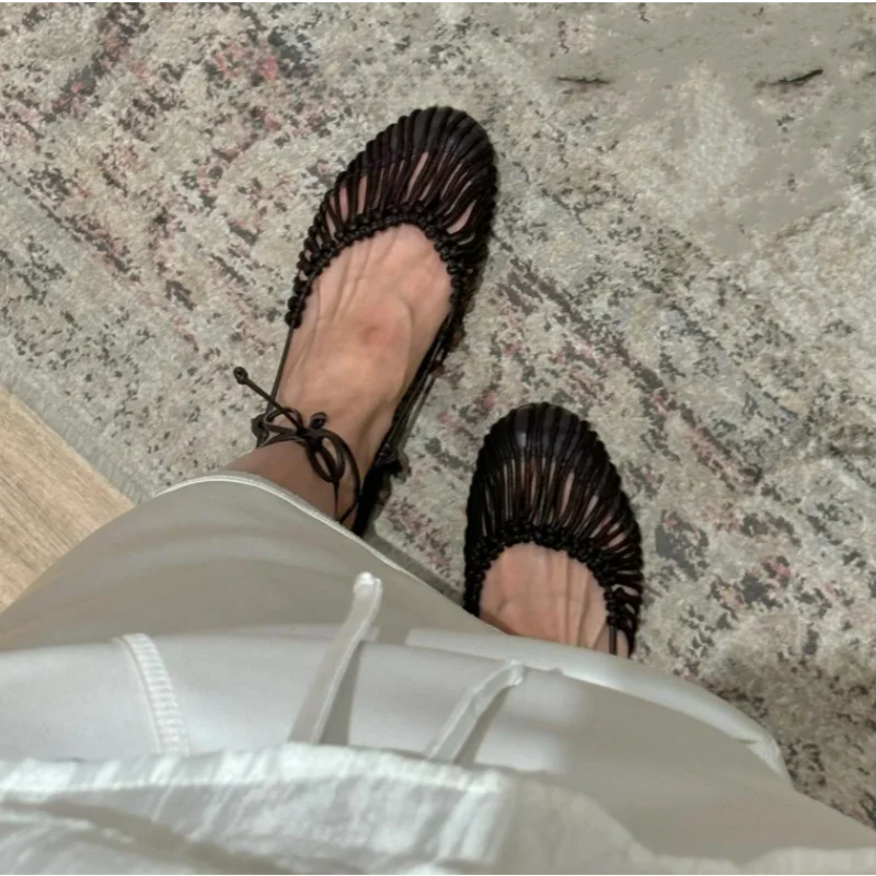 

Лето 2022, римские сандалии на низком каблуке, модные уличные тканые полые женские сандалии, повседневные сандалии на шнуровке с круглой головкой, sandalias de mujer