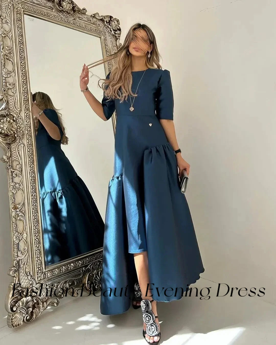 Fashion Beauty Navy Blue Satin Evening Dresses Asymmetrical Short Sleeve Formal Gowns For Women 2024 Vestidos De Graduation