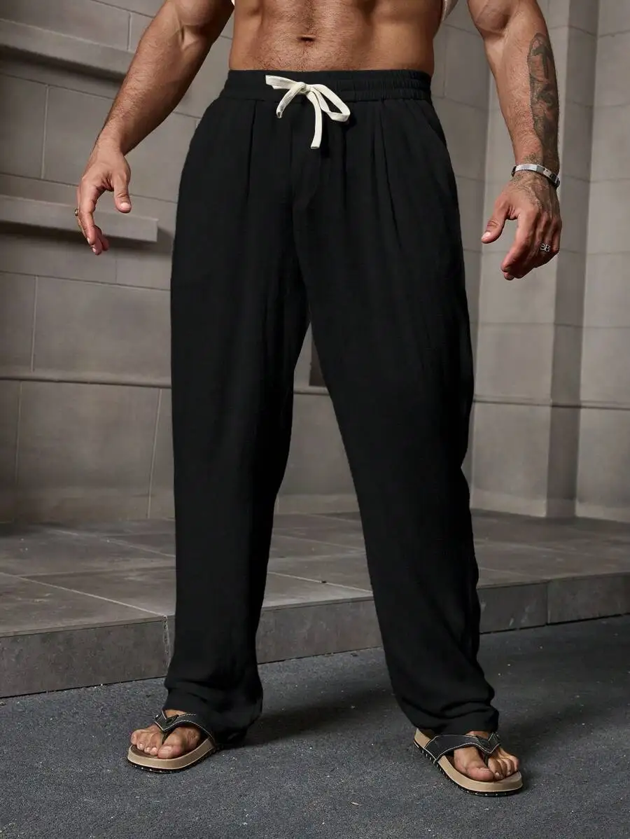

Мужские однотонные брюки из хлопка и льна, свободного прямого кроя, с завязками, удобные, дышащие, модные, больших размеров