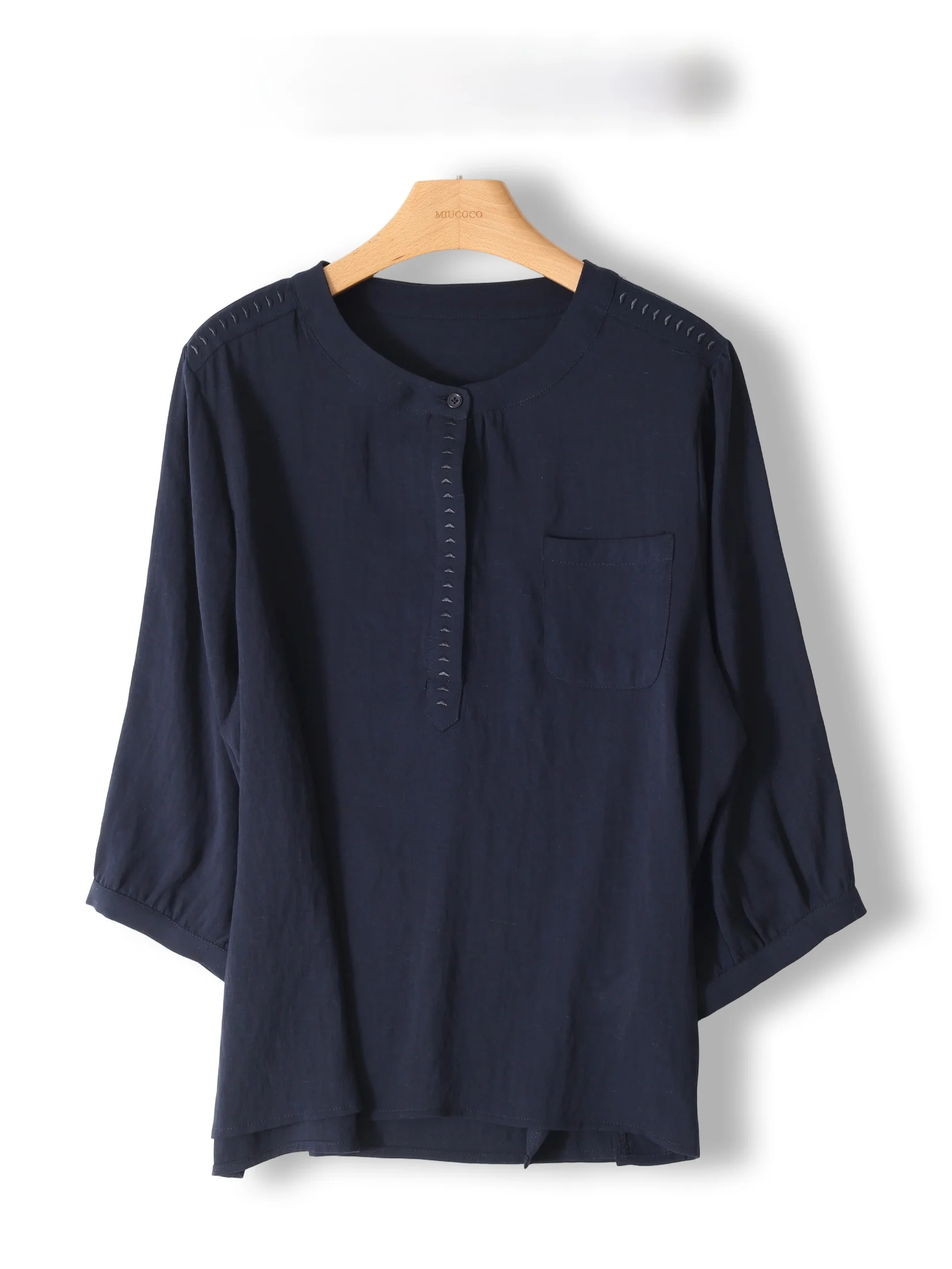 

Comfortable Linen round Neck Shirt Women's Summer 3/4 Sleeve Breathable Stylish Loose Fit Shirt Simple Highji Dark Blue Top