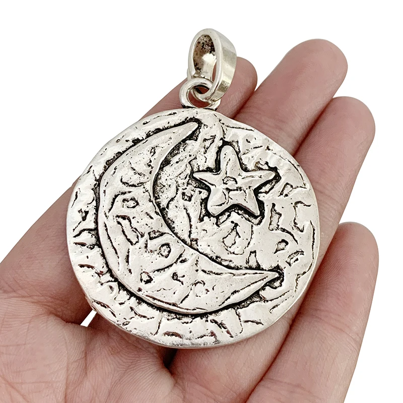 3PCS Tribal Large Hammered Moon with Star Round 55x50mm Charms Pendants For DIY Necklace Jewelry Making Accessories