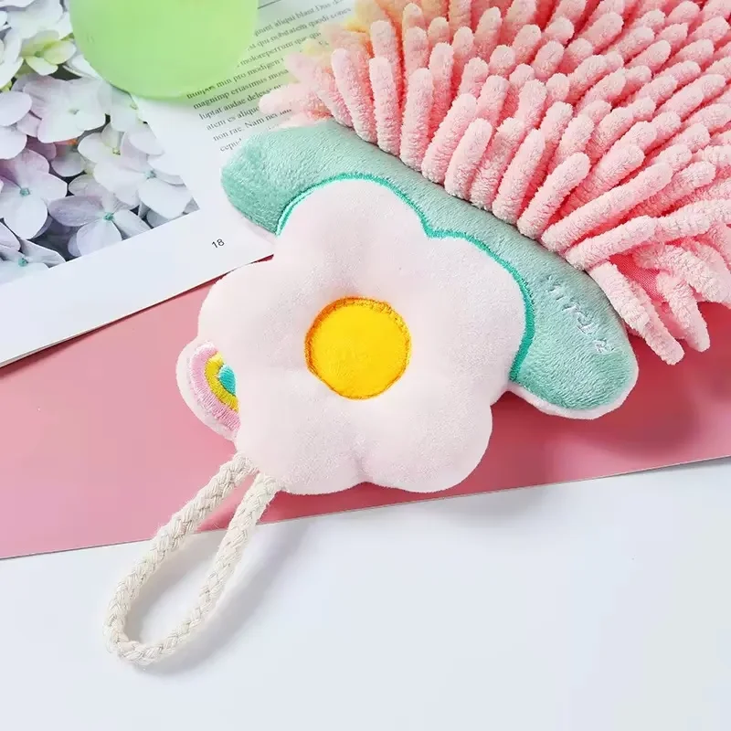 Chenille Hanging Flower Hand Towel Quick-Drying Thickened Double-Layer Hangable Cute Bathroom Towel for Home