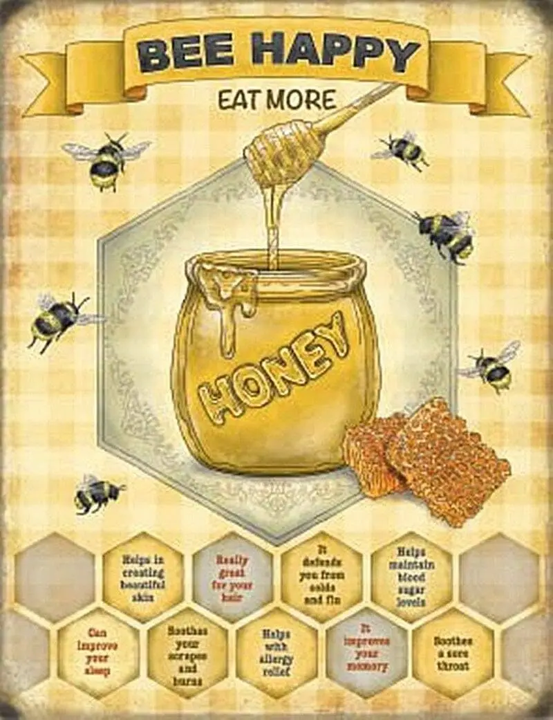 New Vintage Retro Metal Tin Sign Bee Happy,Eat More Honey Home Bar Club Kitchen Restaurant Wall Art Decor Plaque Signs 12X8Inch