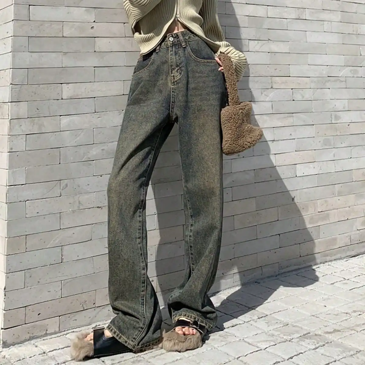 South Korea's Dongdaemun Chic Summer Street Ins Style Retro Washed High-Waist Slim Draped Denim Floor-Length Pants for Women