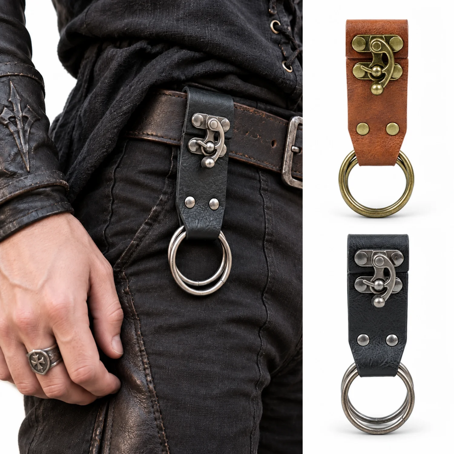 Medieval PU Leather Key Fob Swivel Clasp, Steampunk Belt Hanging Keychain, Renaissance LARP Cosplay  Costume Accessory