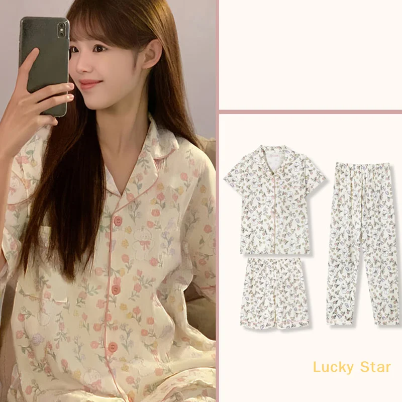 

Women Summer New Style Ladies Pajamas Cardigan Cute Korean Style Short-sleeved Trousers Cartoon Home Clothes Three-piece Set