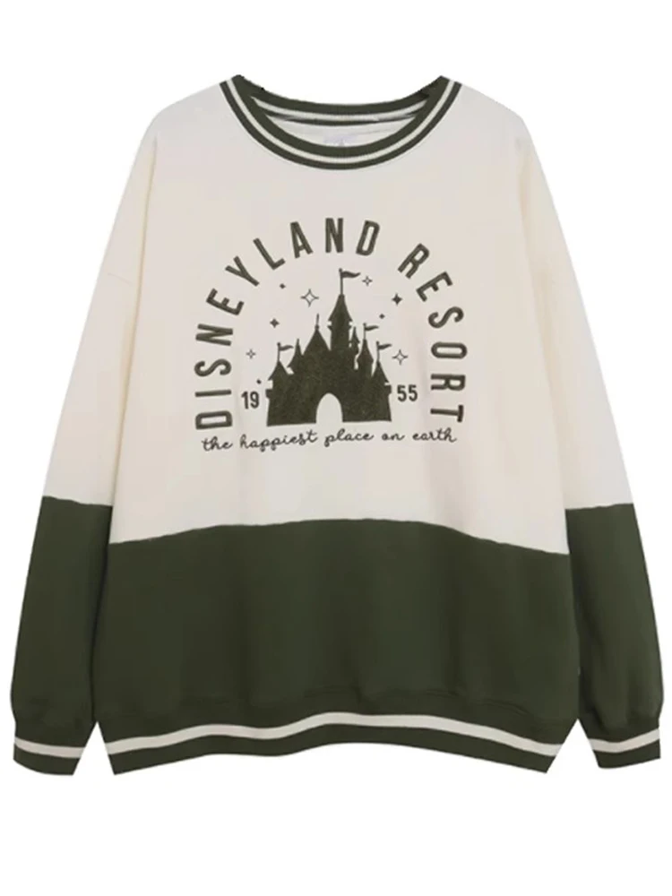 Disneyland Walt Disney World Castle Letter Print Embroidery Sports Sweatshirt Women Contrast Color Long Sleeve Fleece Jumper Top