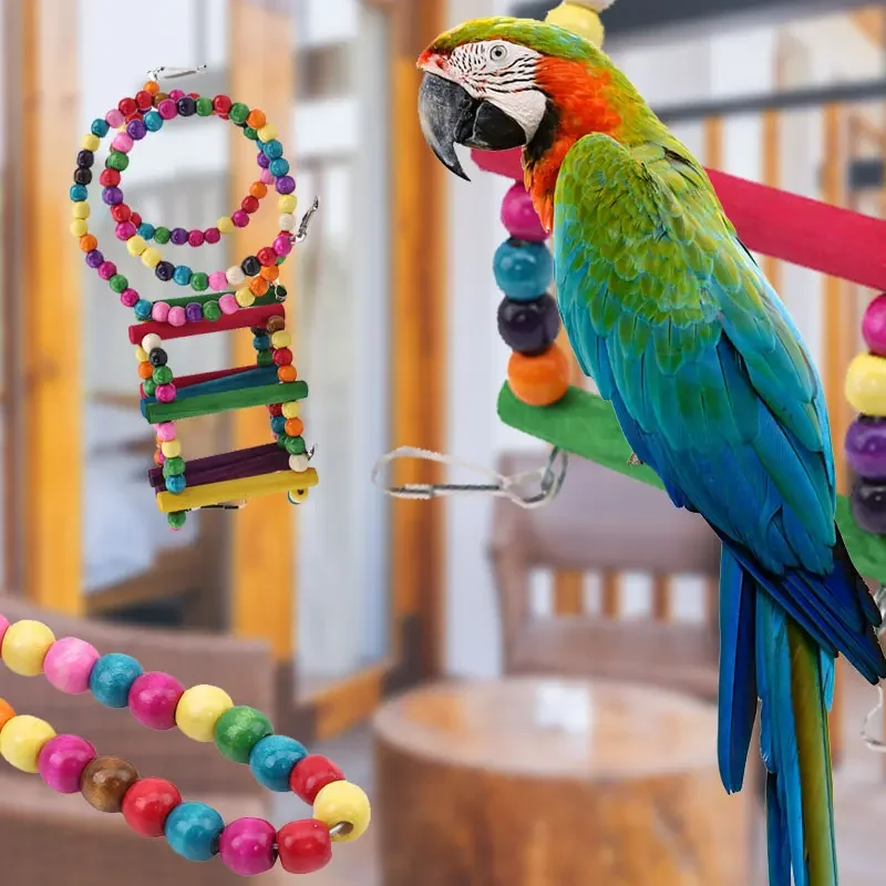 

10Pcs/Set Bird Cage Toys for Parrots Reliable Chewable Swing Hanging Wooden Beads Ball Bell Toys Pet Cage Accessories stickers