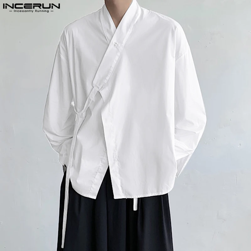 

INCERUN Tops 2024 Chinese Style Mens Simple All-match Solid Shirts Streetwear Male Collarless Long Sleeved Cardigan Blouse S-5XL