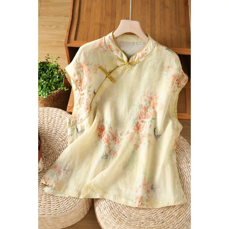 

Korean Style plus Size Women's Cotton Linen Print T-Shirt Stand Collar Base Shirt New Chinese Style Long Sleeve Commute Fashion