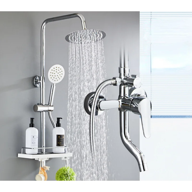 Chrome Shower Head Set Bathroom Pressurized   Brass Rotating Third Gear Water Outlet  With Shelf