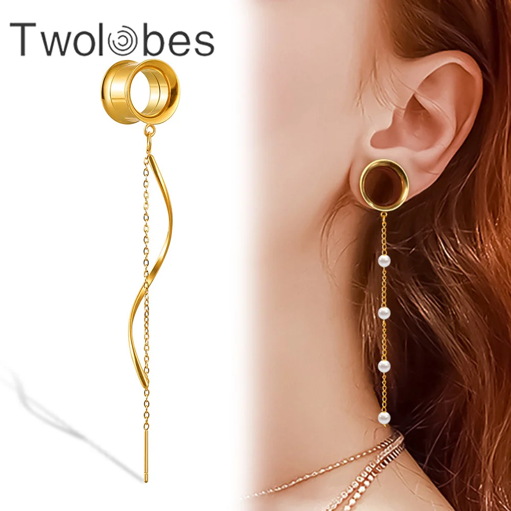 

Twolobes 2PCS Stainless Steel Ear Gauges Tunnels Expander Piercing Women Body Jewelry Plugs Stretcher Fashion Dangle Elegant