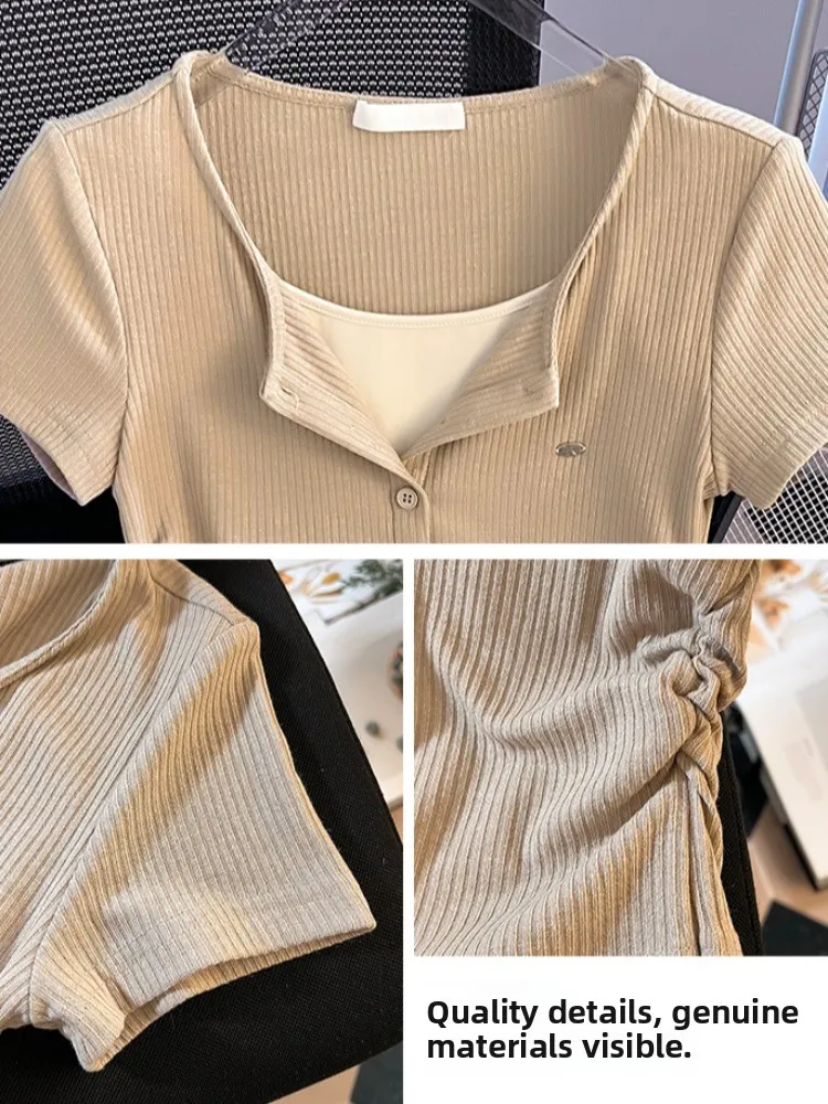 تي شيرت نسائي ort Sve بحاشية مطوية مكون من قطعتين ملون بتصميم Blo صيفي بقصة ضيقة بطول ort مزيج من القطن #4