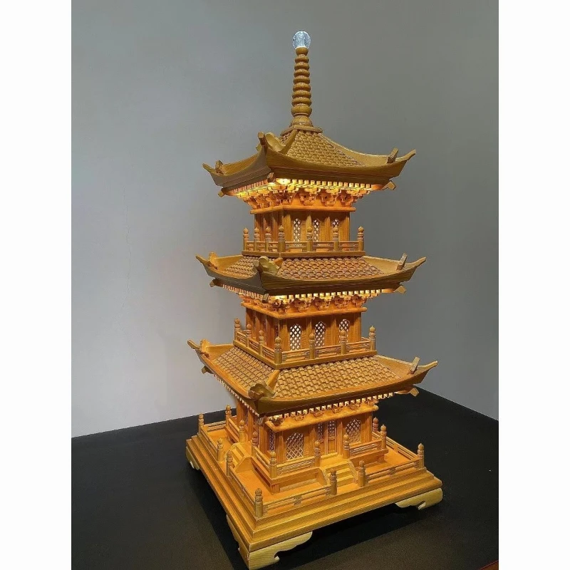 

Wood carving ornament Wooden tower Four-corner tower Entrance study front desk decoration