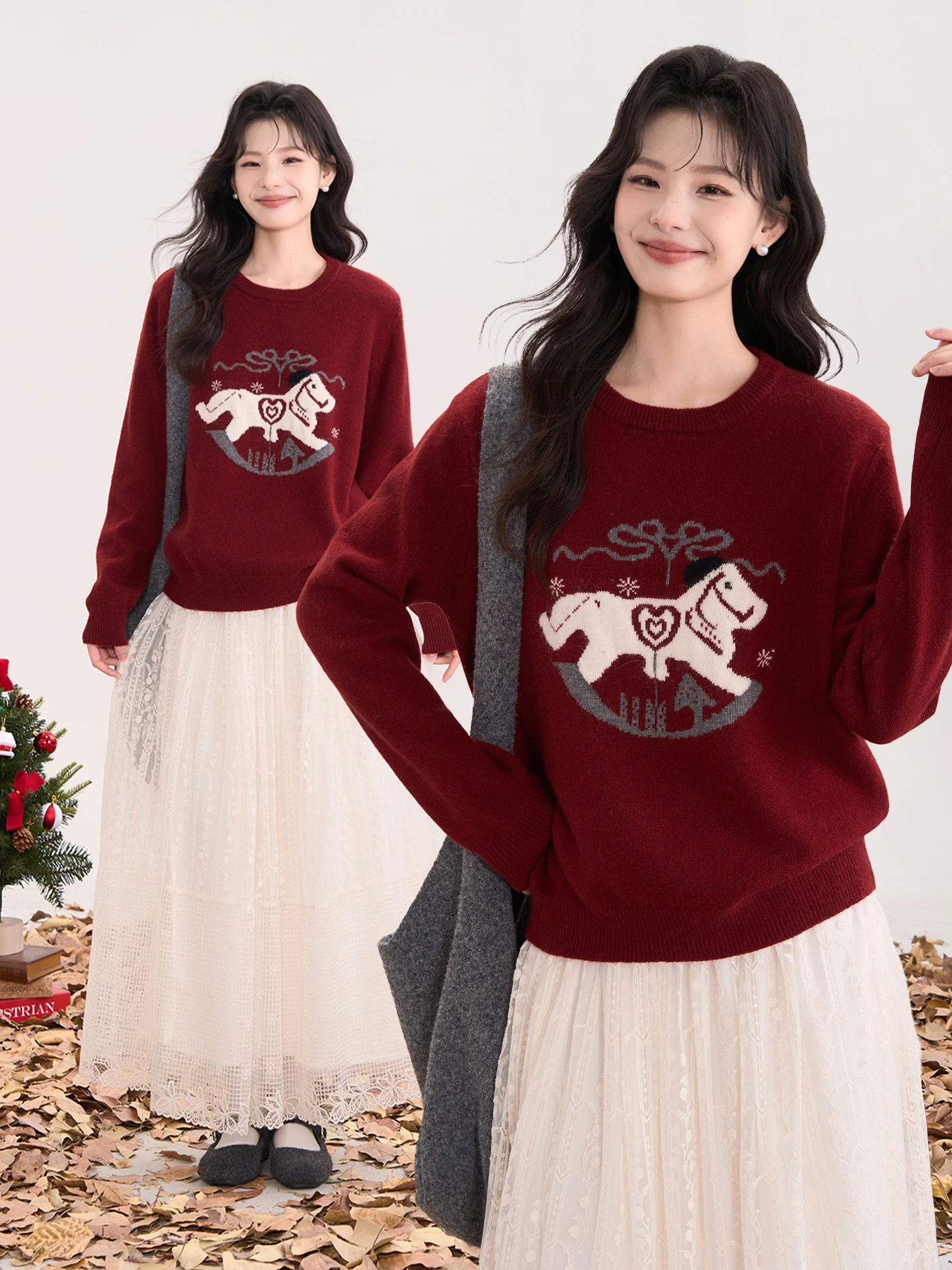 

Вязаный свитер с цветочным узором и круглым вырезом для женщин, повседневный, с длинными рукавами, осенне-зимний, из нейлона, акрила, полиэстера