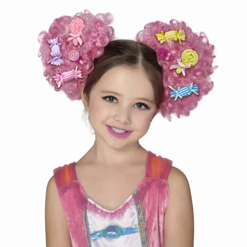 EE01 Pink Purple Blue Halloween Pompom Candy Clown Wig Child One Size&0Ww