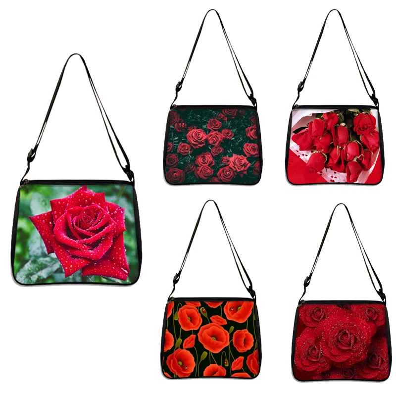 Floral Printed Handbag Women Rose Shoulder Bag Canvas Summer Beach Bag Daily Use Female Shopping Bag Lady