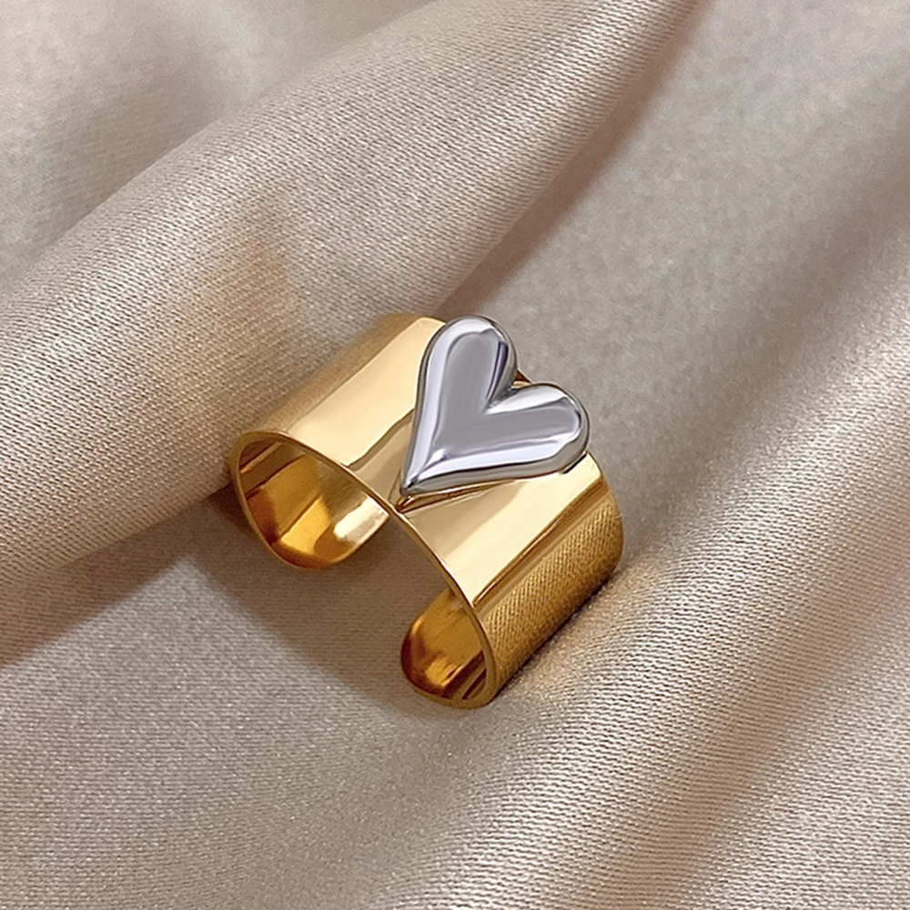 Stainless Steel Love Heart Cuff Ring for Women Men Tide Wide Thick Adjustable Rings Personality Exaggerated Party Finger Jewelry