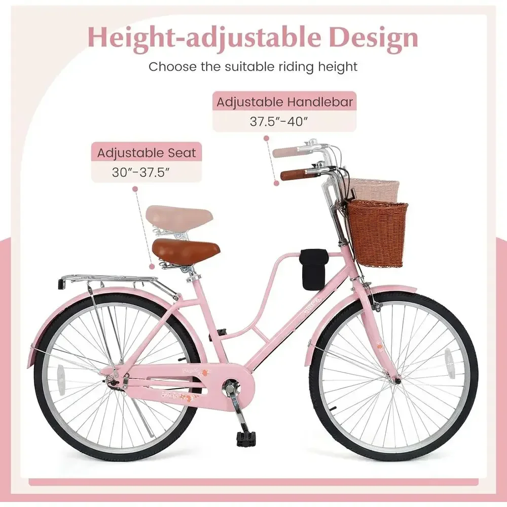 24/26-Inch Women's Commuter Bike with Adjustable Seat, Cup Holder, Basket, Rear Rack, and Reflectors