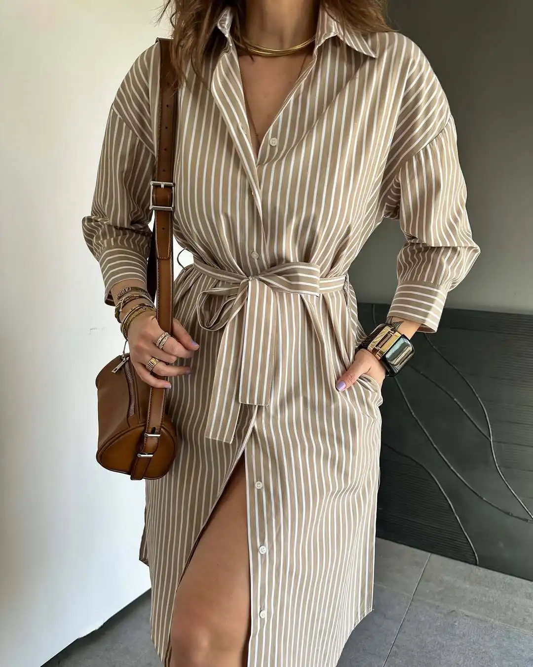 

New Stripe Lace Up Shirt Dresses Spring Women Lapel Long Sleeves Knee Length Dress Summer High Waist Loose Single Breasted Dress