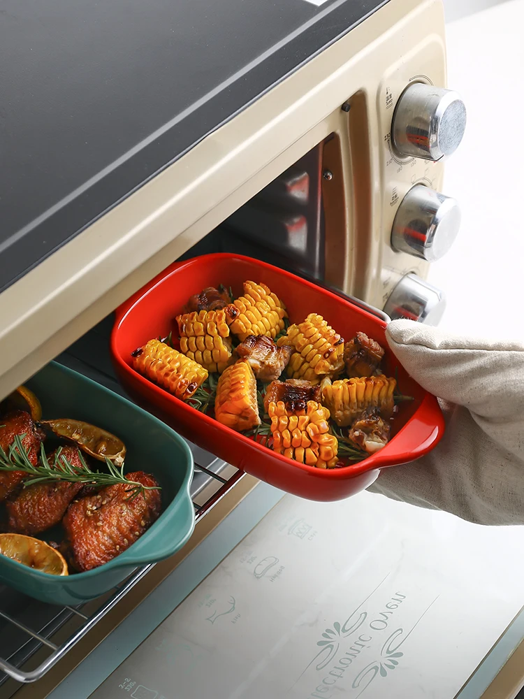 Plato de cerámica nórdico para hornear con doble asa, apto para microondas, para queso, arroz, o como plato occidental para la cena en el hogar.