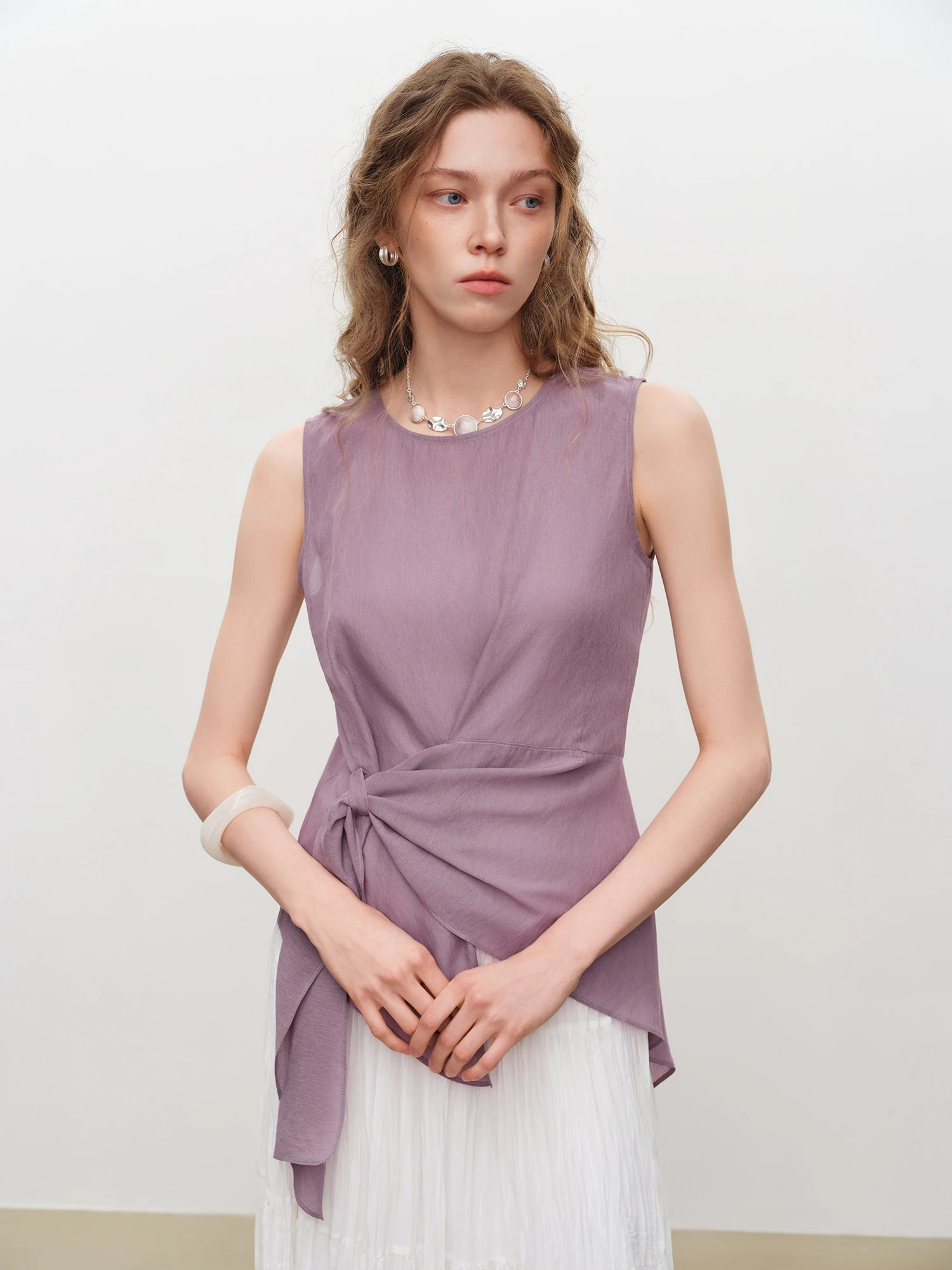 Asymmetric Waist-Cinching Sleeveless Blouse - Old Money Office Top