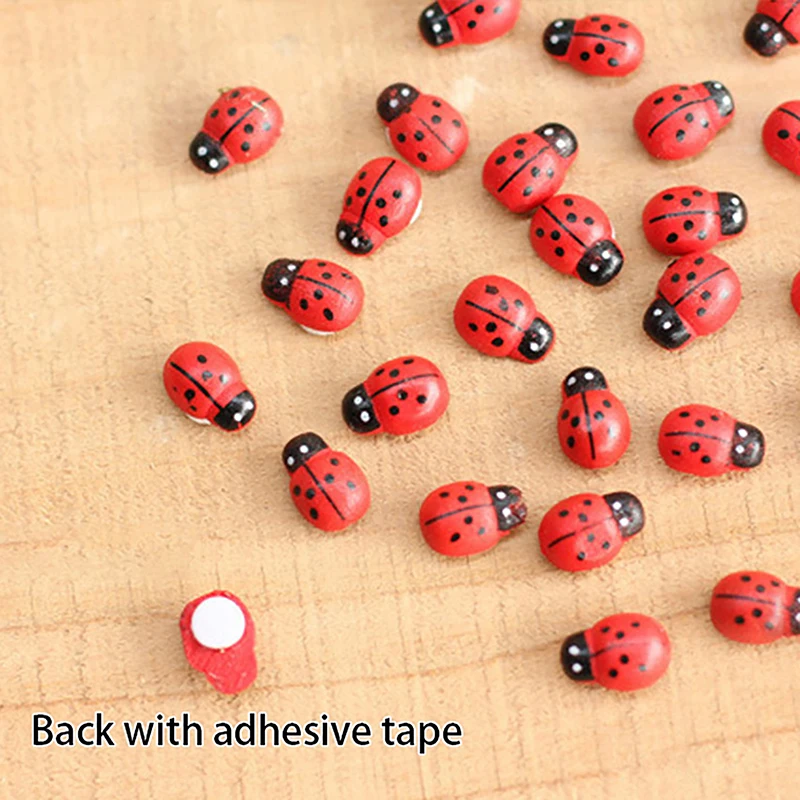 New【50/100Pcs Mini Wooden Ladybird Ladybug Self-adhesive Sticker Ornaments DIY Crafts Garden Figurine Miniature Home Decor】