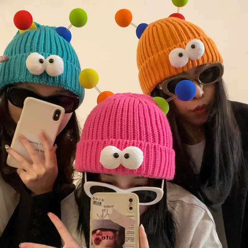 Große Augen Wollmütze Winter Warm Lustige Kurze Faden Hip Hop Mützen Hut Frauen Männer Jungen Mädchen Elastische Gestrickte Schädel Kappe Kopfbedeckung