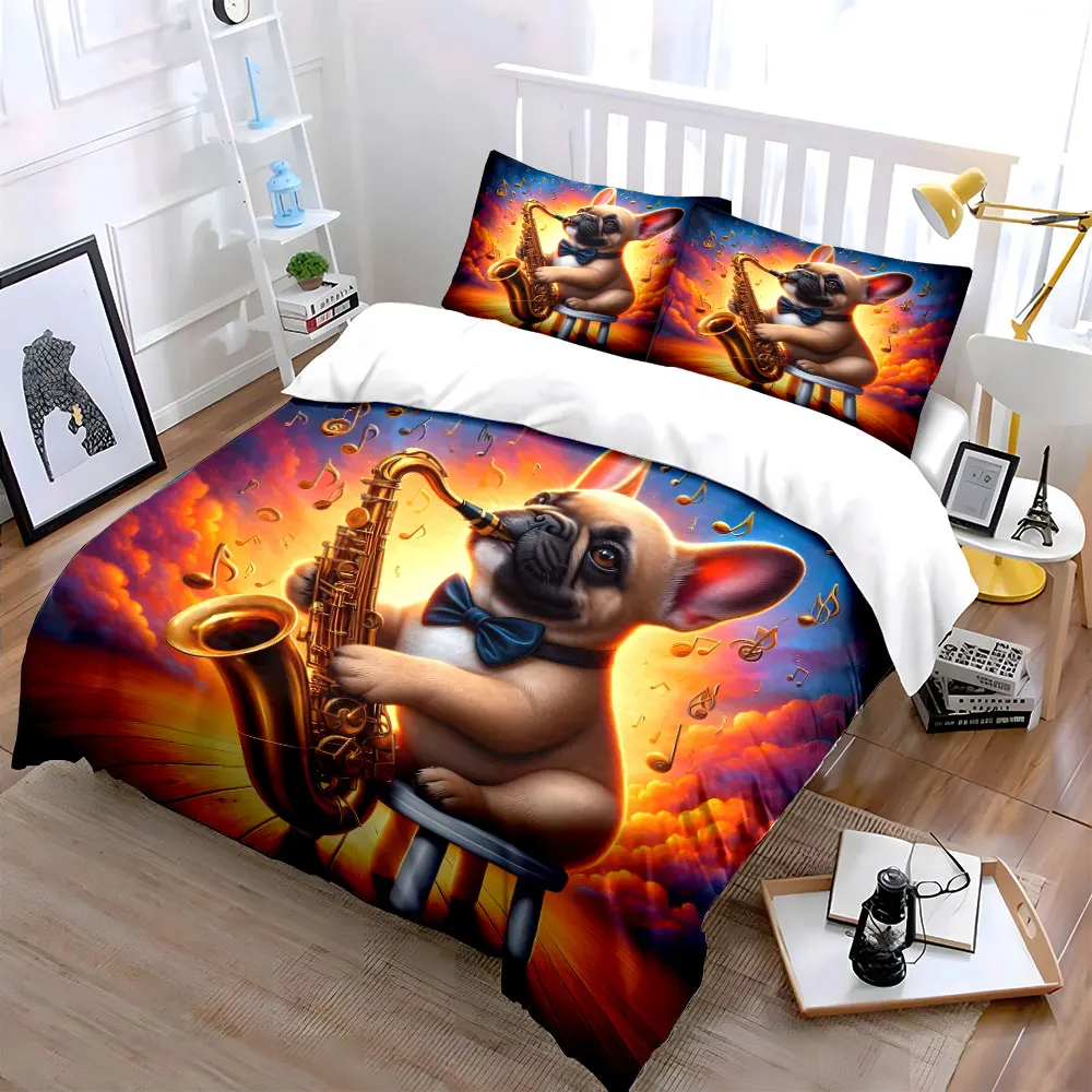 Rocking Puppy Playing Saxophone Print Bedding Set 1 Duvet Cover 2 Pillowcases for Adult and Children Luxury Gift Full Size