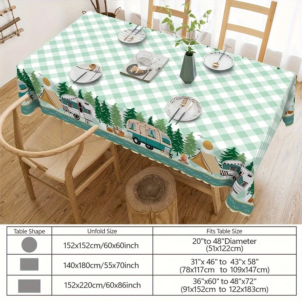 1pc, Camping Picnic Green Checked Tablecloth, Contemporary Style, RV And Campfire Patterns Rectangular Tablecloth, Camp Decoration, High Quality And Wrinkle-proof Scratch Proof Table Cover, Suitable for Indoor And Outdoor Party Lunch Dinner Use.